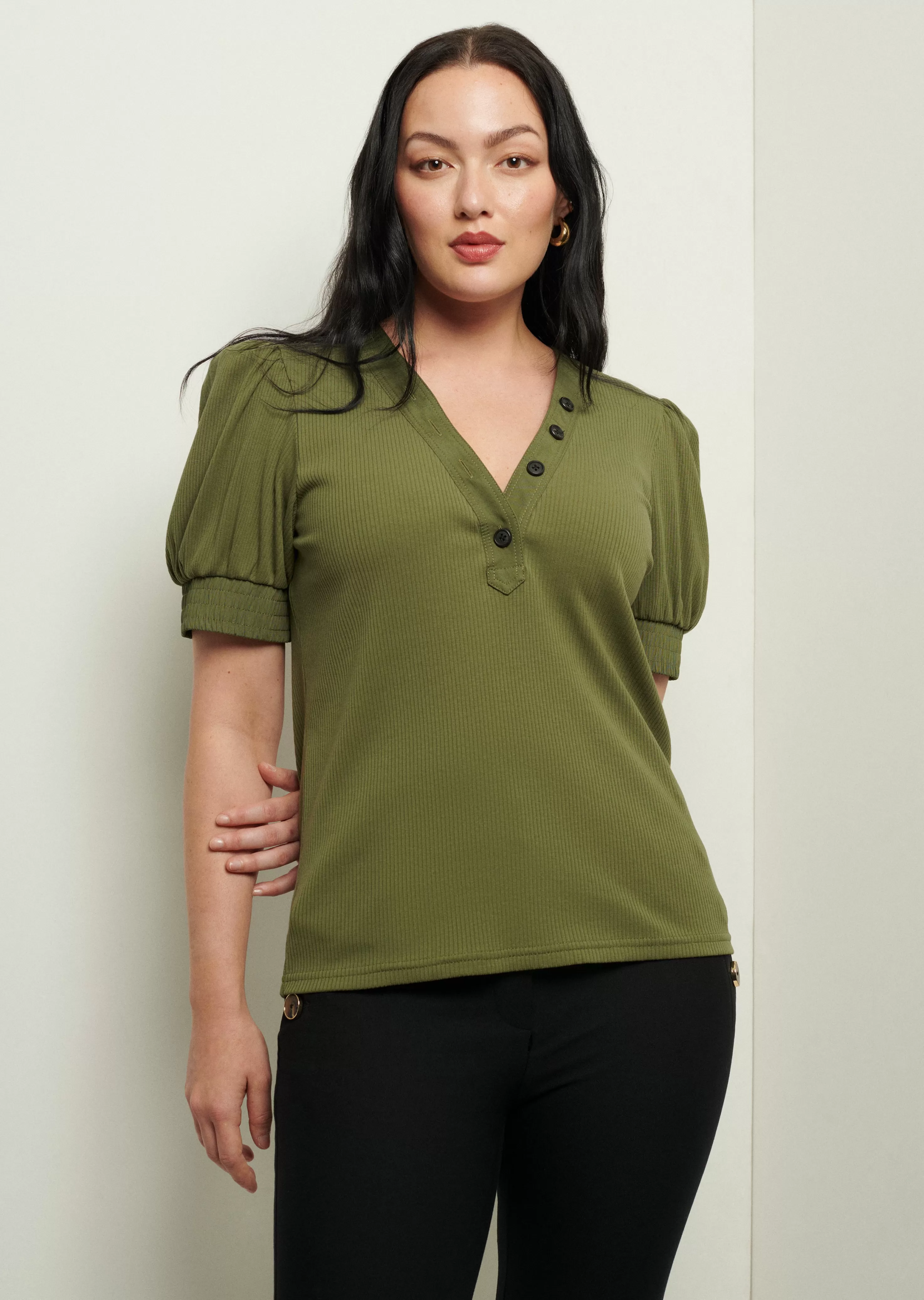 Derek Lam Heather V-Neck Puff Sleeve T-Shirt Olive Clearance