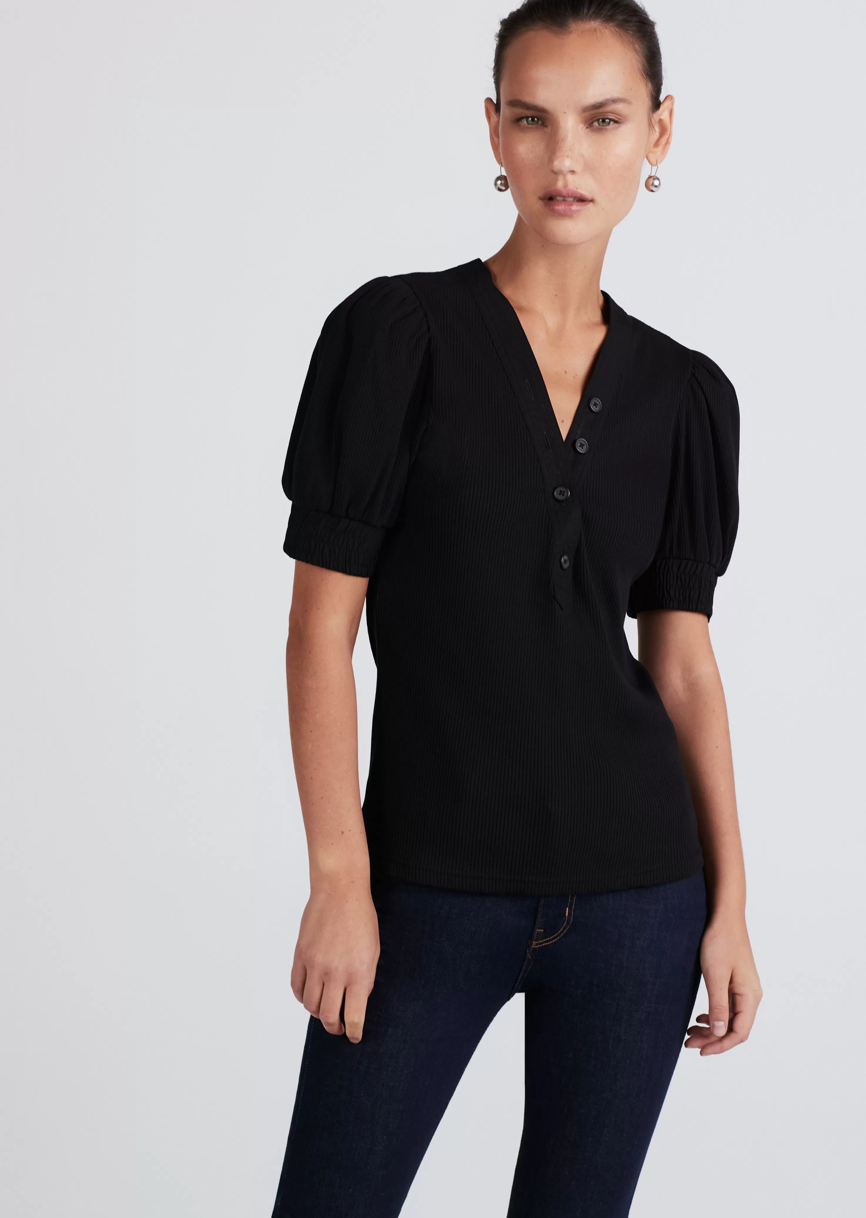 Derek Lam Heather V-Neck Puff Sleeve T-Shirt Black Hot
