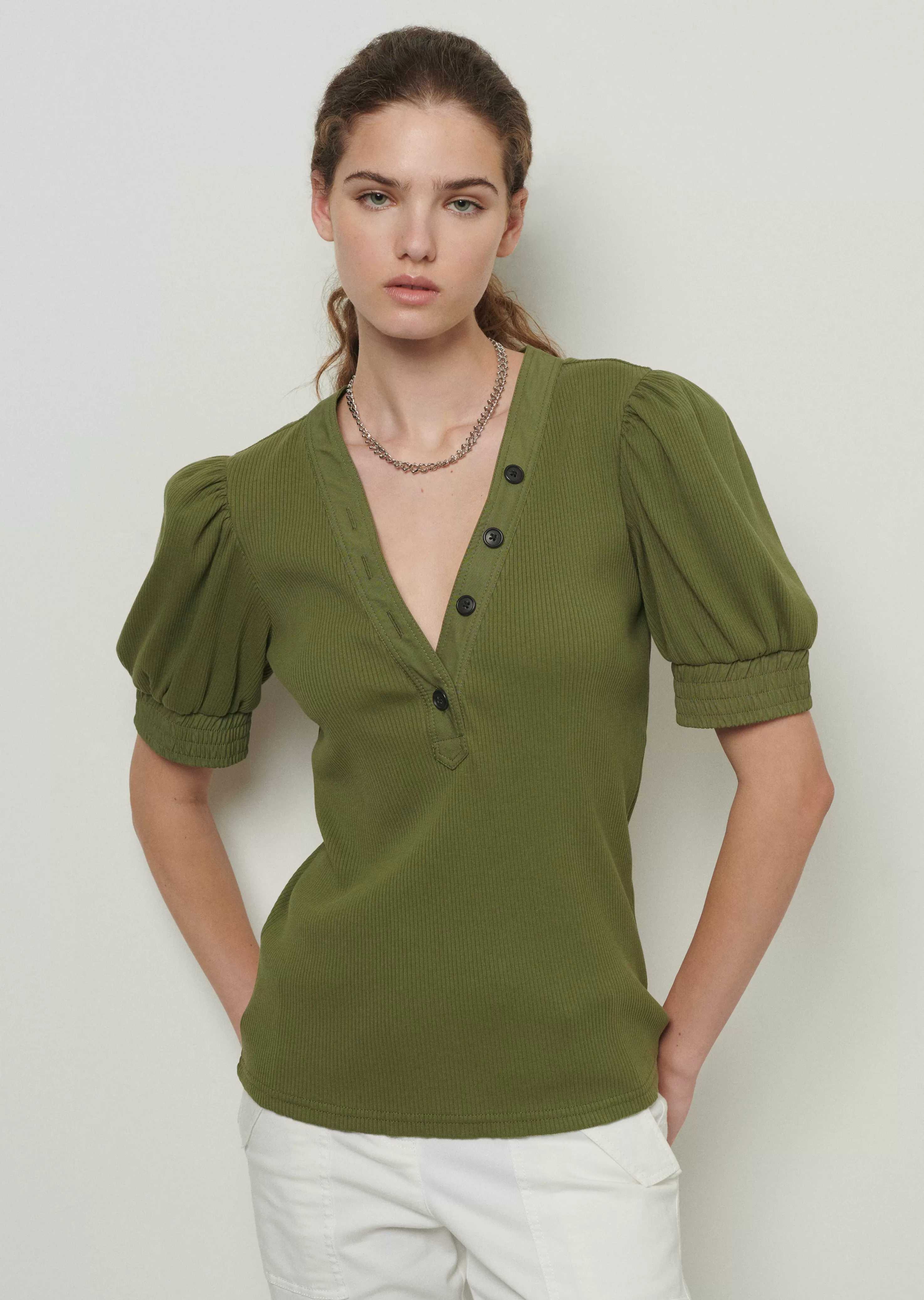 Derek Lam Heather V-Neck Puff Sleeve T-Shirt Olive Clearance
