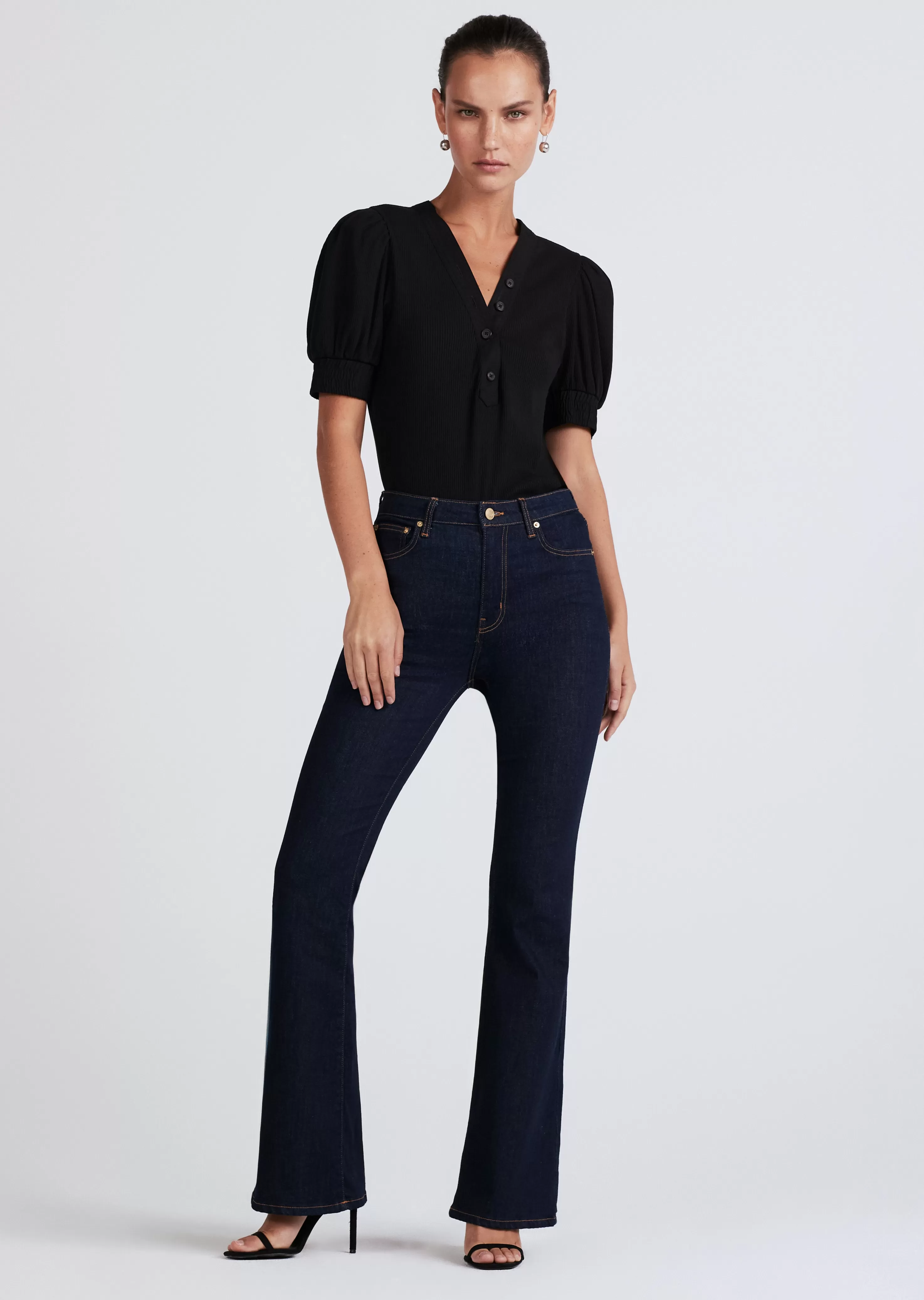 Derek Lam Heather V-Neck Puff Sleeve T-Shirt Black Hot