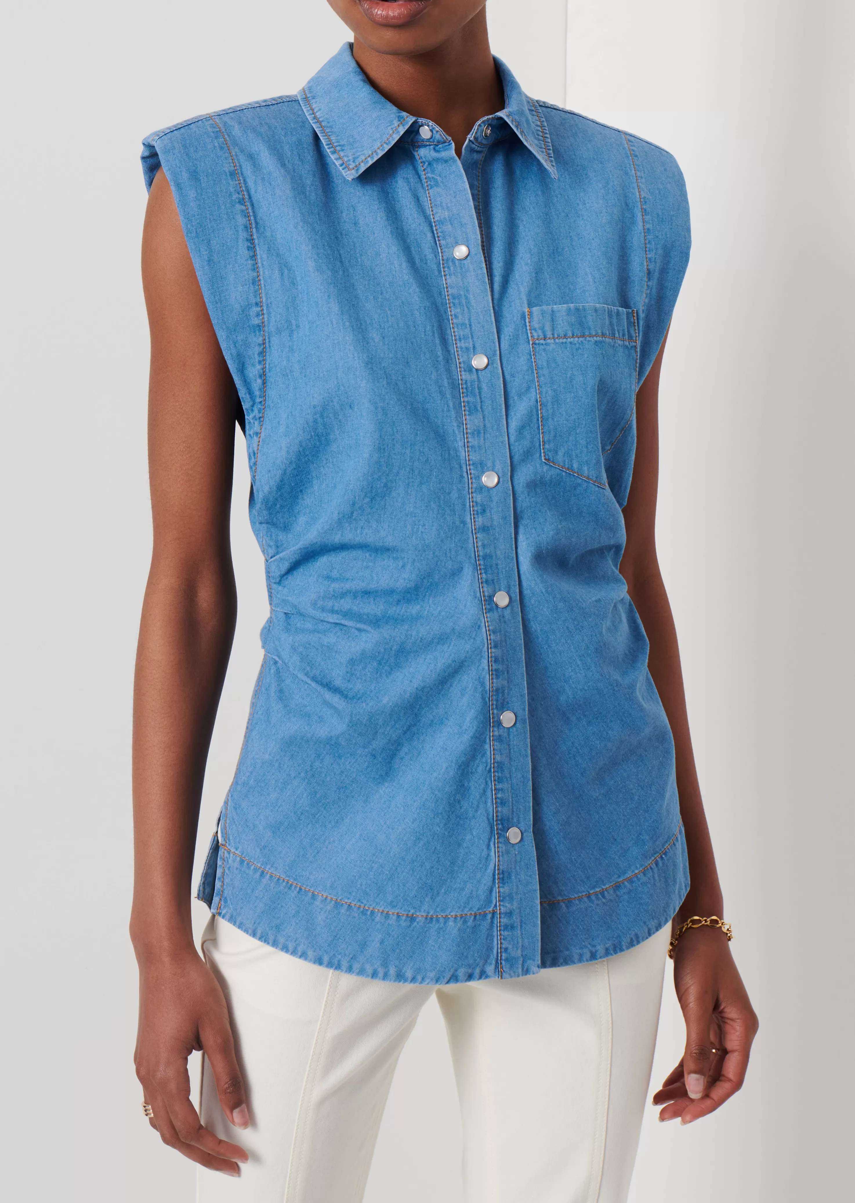 Derek Lam Ivy Sleeveless Ruched Button Down Shirt Lightwash Fashion