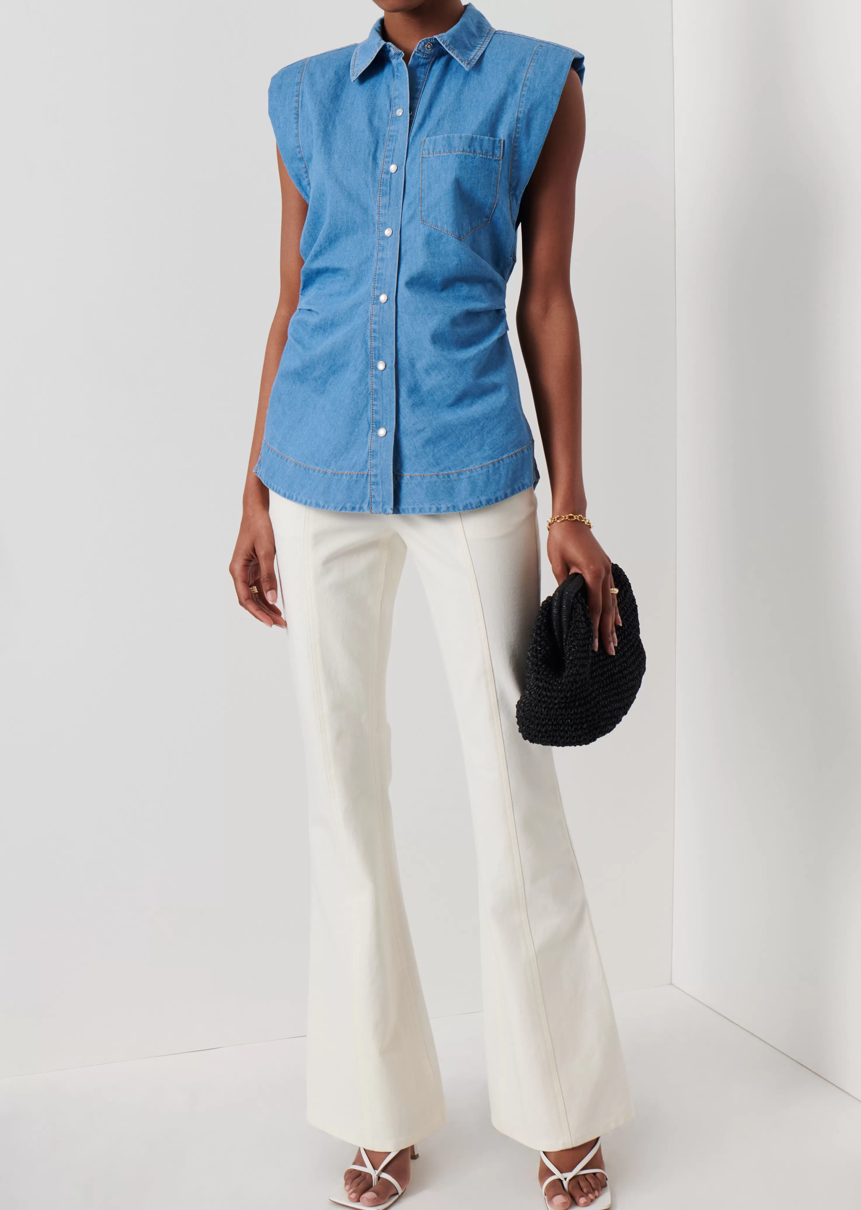 Derek Lam Ivy Sleeveless Ruched Button Down Shirt Lightwash Fashion