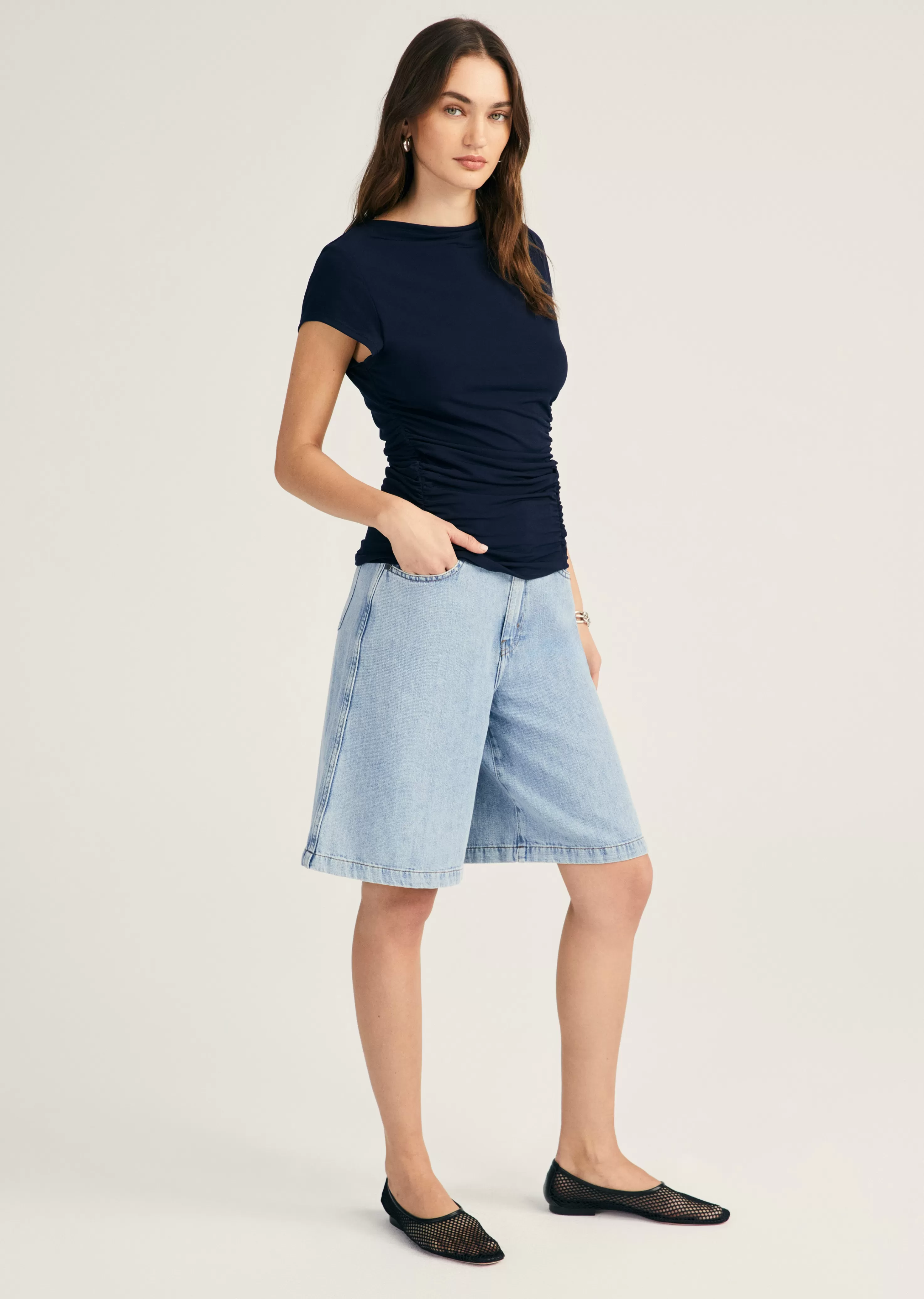 Derek Lam Mima Short Sleeve Ruched Top Nightsky Flash Sale